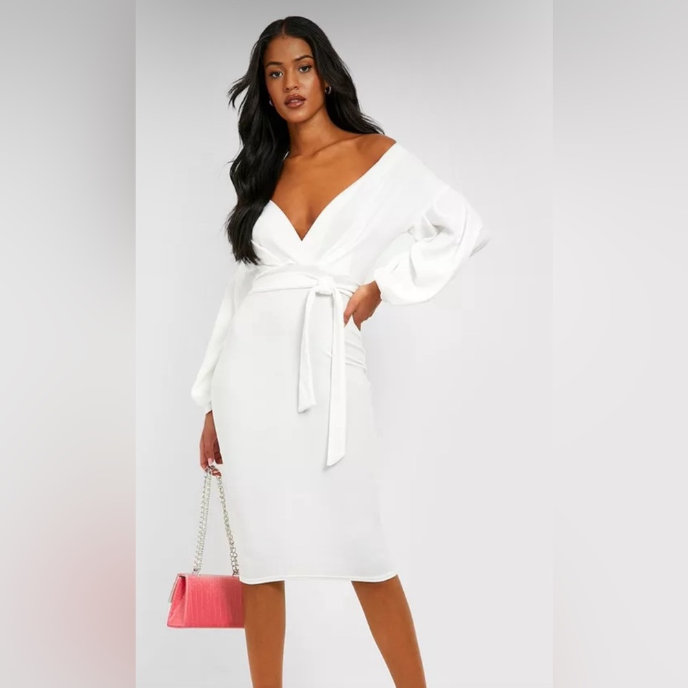 TALL OFF THE SHOULDER WRAP MIDI BODYCON DRESS. NEVER WORN BRIDAL DRESS.